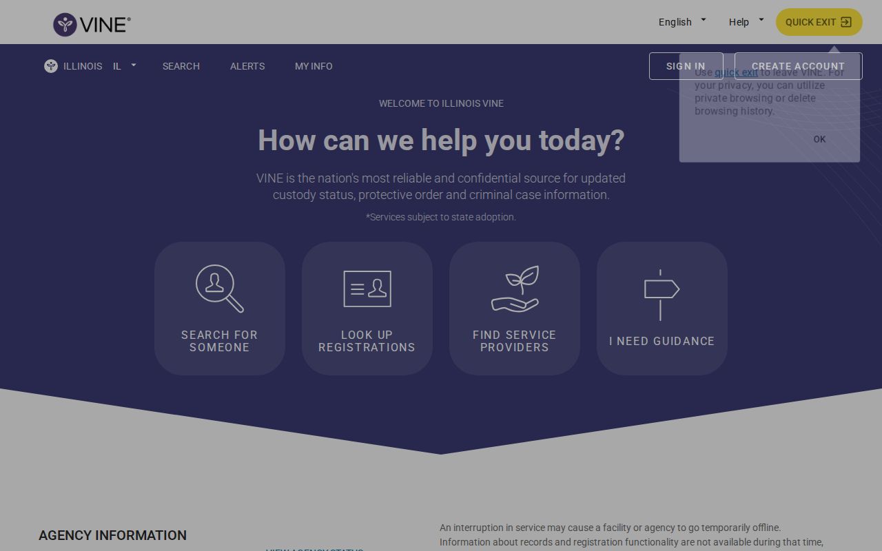 Illinois VINELink custody search screen